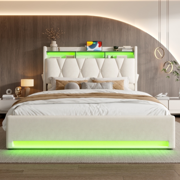 LVHOM Polsterbett 140x200cm mit LED&USB, Doppelbett mit versteckten Stauraum, Stauraumbett mit Lattenrost, Jugendbett mit Bettkasten, Samtstoff, Beige Bild 6