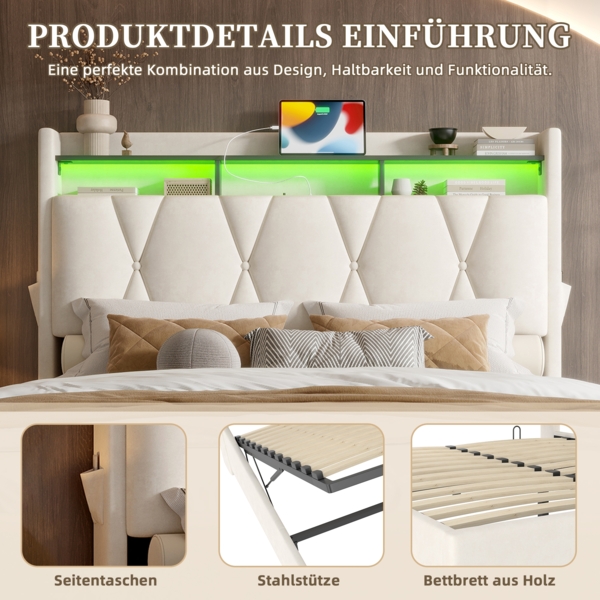 LVHOM Polsterbett 140x200cm mit LED&USB, Doppelbett mit versteckten Stauraum, Stauraumbett mit Lattenrost, Jugendbett mit Bettkasten, Samtstoff, Beige Bild 7