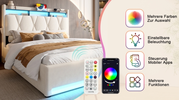 LVHOM Polsterbett 140x200cm mit LED&USB, Doppelbett mit versteckten Stauraum, Stauraumbett mit Lattenrost, Jugendbett mit Bettkasten, Samtstoff, Beige Bild 10