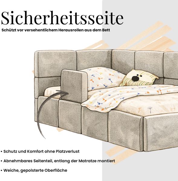 Kinderbett, Polsterbett 90x200 TILVO ALTA mit Rausfallschutz & Bettkasten, Gasdruckfeder-Lift, inkl. Lattenrost, Matratze wählbar - Hellbraun Cord - ELORI LUX - Links Seite Bild 6