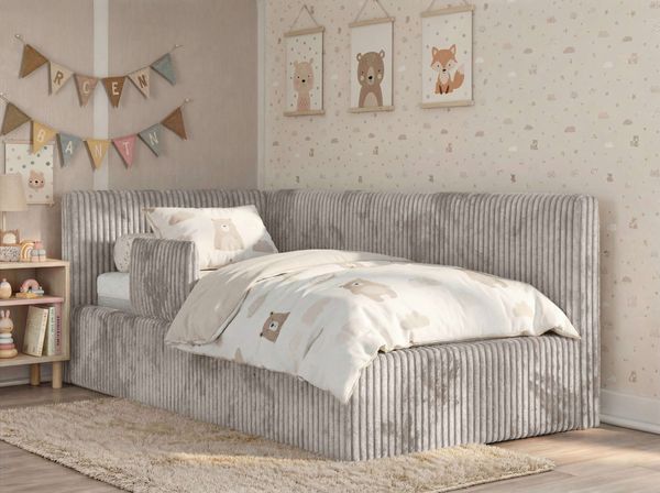 Kinderbett, Polsterbett 90x200 TILVO ALTA mit Rausfallschutz & Bettkasten, Gasdruckfeder-Lift, inkl. Lattenrost, Matratze wählbar - Hellbraun Cord - ELORI LUX - Links Seite