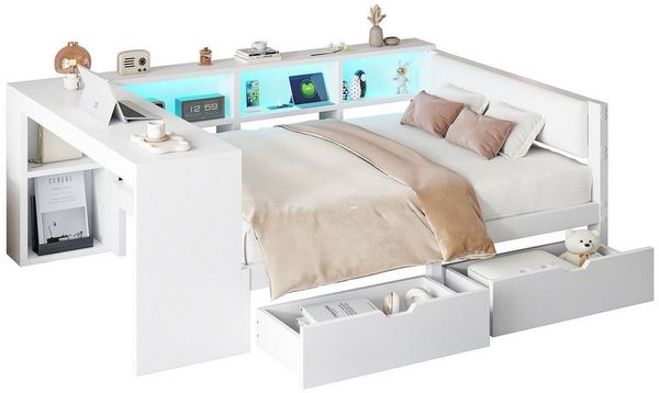 REDOM Stauraumbett Funktionsbett,Einzelbett,Kinderbett,Jugendbett (Holz-Plattformbett mit LED-Licht, Stauraum, Schubladen & Ladestation – Gepolstertes Kopfteil, modernes Design für Schlafzimmer, Jugendzimmer & Gästezimmer, 140x200), mit Ablageflächen, ...