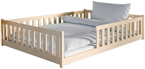 Kids Collective Kinderbett Bodenbett Bett mit Rausfallschutz & Lattenrost Montessori Bett Kinder (Jungen, Mädchen, Kinder, weitere Größen 80x160, 80x180, 90x190, 90x200, 120x200 cm), Jugendbett Gitterbett Einzelbett, Natur Kiefer 140x200 cm