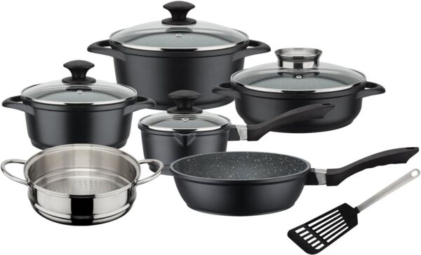 GSW Kochtopf- und Pfannenset Gourmet Granit – hochwertiges Set bestehend aus Töpfen, Kasserolle, Pfanne und mehr, inkl. Deckel, auch für Induktion – Aluguss, 10-teilig