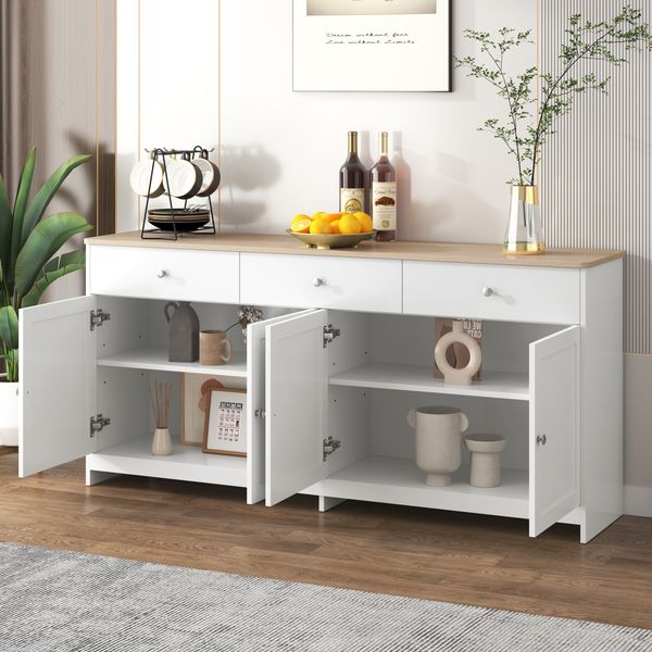 Sideboard B 160 x T 37 x H 75 cm aus MDF im Landhausstil, 3 Schubladen & 4 Türen, verstellbare Böden