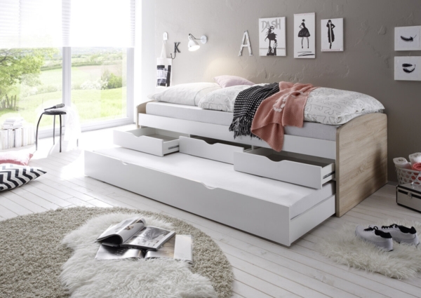 Bett Einzelbett Ausziehbett Schubladenbett Tandembett NESSI 90cm Weiß Sonoma