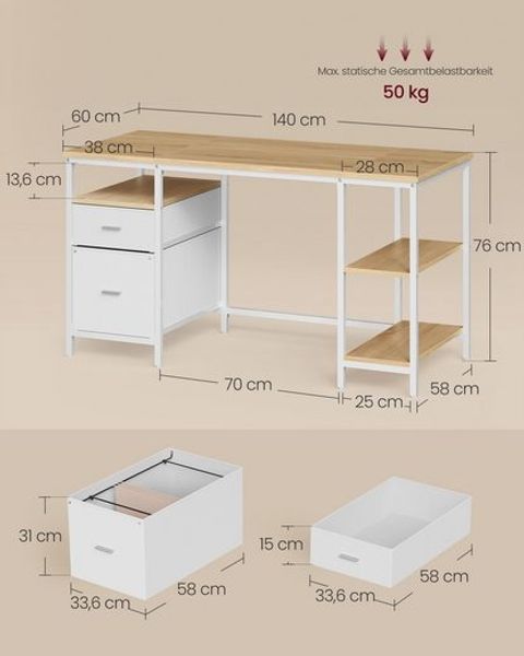 VASAGLE Computertisch, Bürotisch, Schreibtisch, mit 3 Ablagen, 2 Schubladen, 60 x 140 x 76 cm, fürs Büro, Wohnzimmer, moderner Stil, natureichenfarben-perlweiß Bild 5