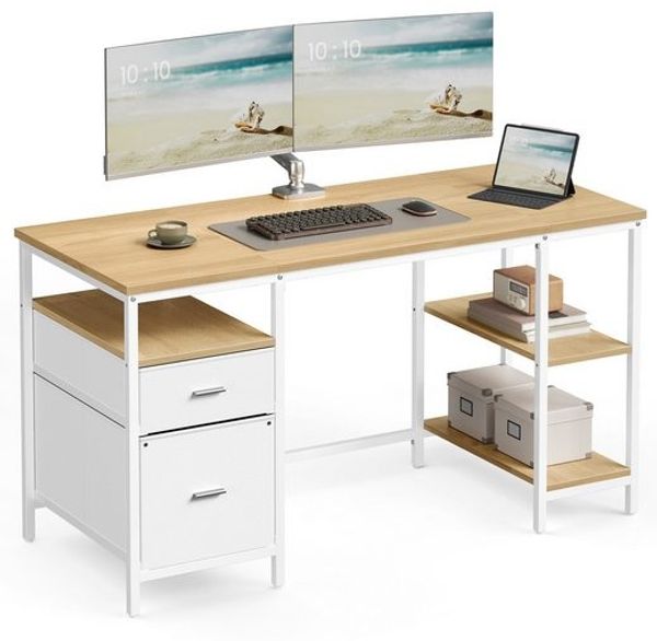 VASAGLE Computertisch, Bürotisch, Schreibtisch, mit 3 Ablagen, 2 Schubladen, 60 x 140 x 76 cm, fürs Büro, Wohnzimmer, moderner Stil, natureichenfarben-perlweiß Bild 2