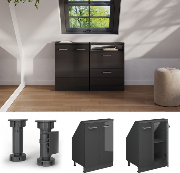 Küchenschrank für Dachschrägen R-Line Anthrazit Hochglanz 60 cm mit 2 Türen Vicco Bild 5