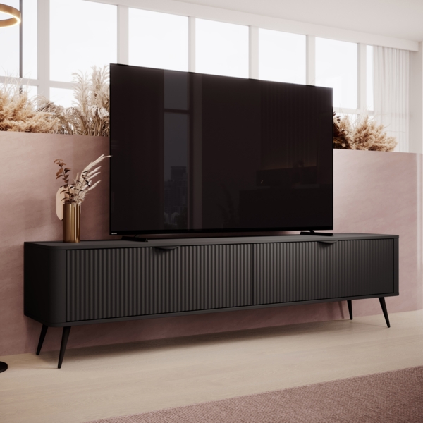 AX LIVING Moderner TV Lowboard Schwarz Matt Vespasia 200 2D – 200 cm