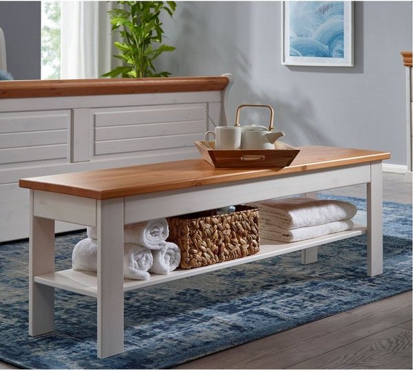 Lomadox Sitzbank SAVONA-69, Kiefer massiv weiß gewachst mit honigfarben, 140x45 cm