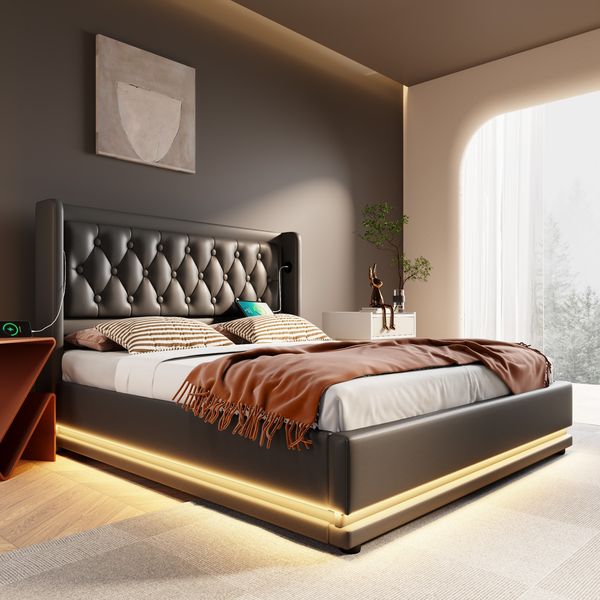 Polsterbett aus PU mit Stauraum, LED & USB-Anschluss, 160x200 cm, Schwarz, ohne Matratze