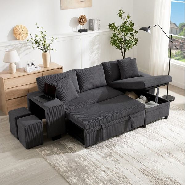 Merax Ecksofa L-förmiges Sofa Schlafsofa mit Schlaffunktion, umbaubares Ecksofa mit Ladeanschluss Stauraum Bücherregal Kissen