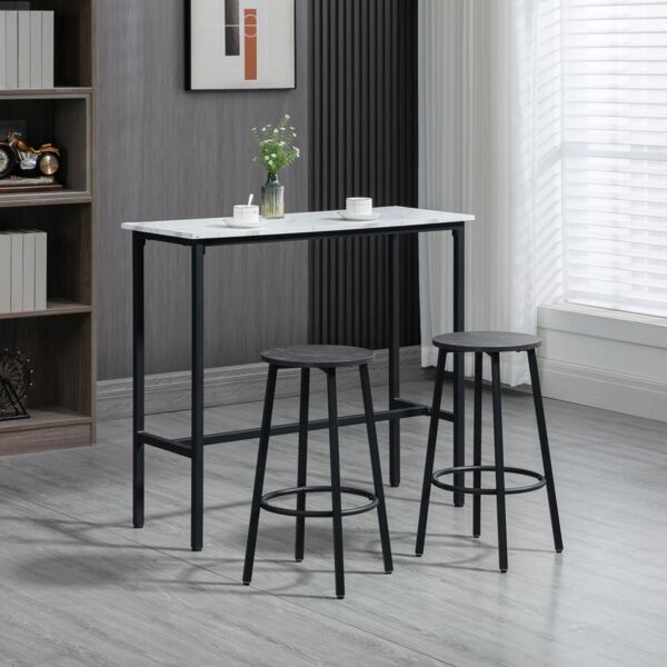 Bar Set 3-teilig Tisch Marmoroptik 2 Hocker Fußstütze Stahlrahmen für 2 Personen Frühstück