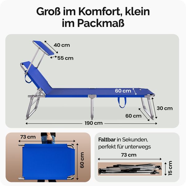 CASARIA® 2er Set Sonnenliege mit Dach Klappbar Gartenliege Wetterfest Liege Blau Bild 7