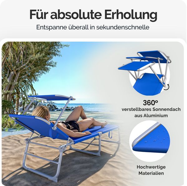 CASARIA® 2er Set Sonnenliege mit Dach Klappbar Gartenliege Wetterfest Liege Blau Bild 3