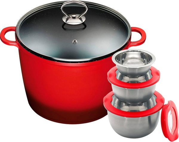 KING Kochtopf XXL, Ø 24 cm, Aluminiumguss (Set, 8-tlg, 3 Schüsseln mit Deckeln: Ø17.5 Ø14.5 Ø12cm, 7 Liter XXL Kochtopf), Induktion, mit Glasdeckel, langlebige Antihaft-Keramikbeschichtung