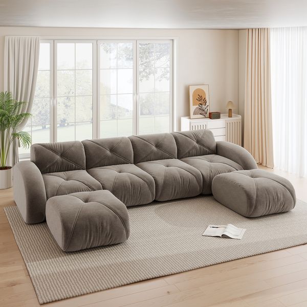 Flieks Modulares Sofa 4-Sitzer mit 2x Hocker, Cloud Sofa mit runden Armlehnen, Chenille weich, rahmenlos bodennah, Lounge Sofa, Braun