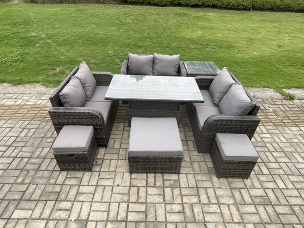 Fimous Rattan Garten Möbel Set Einstellbarer Aufsteigenderr Esstisch mit Beistelltisch 3 Fußhocker