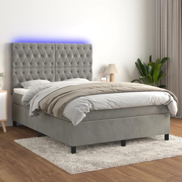 vidaXL Boxspringbett mit Matratze & LED Hellgrau 140x200 cm Samt 3136305