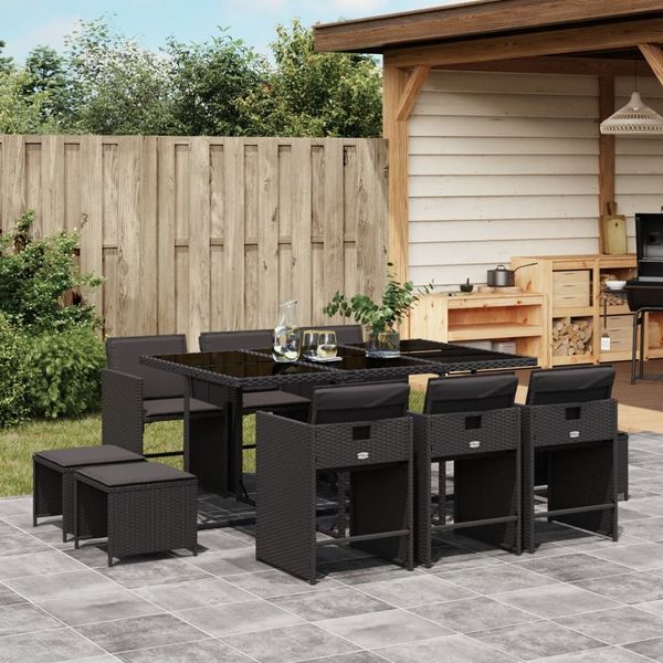 vidaXL 11-tlg. Garten-Essgruppe mit Kissen Schwarz Poly Rattan 3277914
