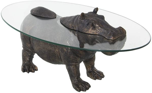 DRW Couchtisch mit einem Nilpferd aus Kunstharz in Altgold und transparentem Glas, 80 x 50 x 37 cm