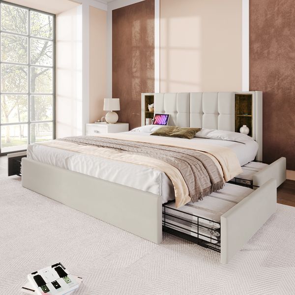 Polsterbett 160x200 cm mit kabelloser Ladestation, USB/Typ-C-Anschluss & 4 Schubladen, Beige mit Stauraum