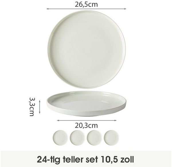 JIWOO Teller 4er Ø26,5cm, Frühstücksteller Salatteller Steakteller Dessertteller, (24 St), Keramik Tellerset Weiß Mikrowellen spülmaschinenfest Ø26,5 cm Bild 2
