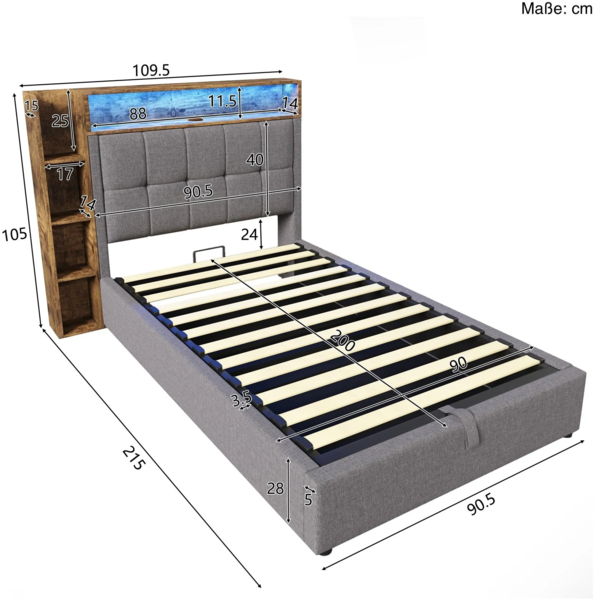Polsterbett mit LED-Beleuchtung und Stauraum, 90x200 cm, Kopfteil gepolstert, Typ-C, USB, Einzelbett, Leinen Bild 6