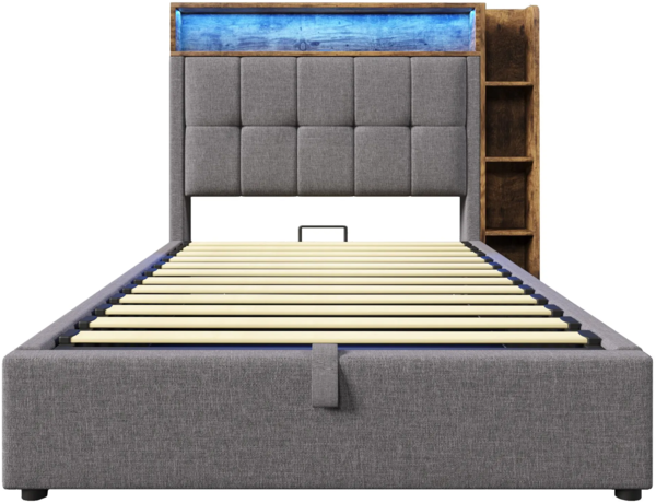 Polsterbett mit LED-Beleuchtung und Stauraum, 90x200 cm, Kopfteil gepolstert, Typ-C, USB, Einzelbett, Leinen Bild 8