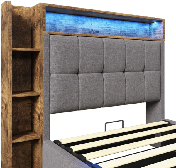 Polsterbett mit LED-Beleuchtung und Stauraum, 90x200 cm, Kopfteil gepolstert, Typ-C, USB, Einzelbett, Leinen Bild 10