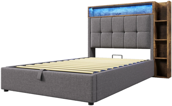 Polsterbett mit LED-Beleuchtung und Stauraum, 90x200 cm, Kopfteil gepolstert, Typ-C, USB, Einzelbett, Leinen Bild 7