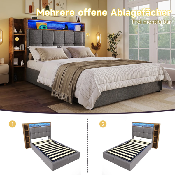 Polsterbett mit LED-Beleuchtung und Stauraum, 90x200 cm, Kopfteil gepolstert, Typ-C, USB, Einzelbett, Leinen Bild 4