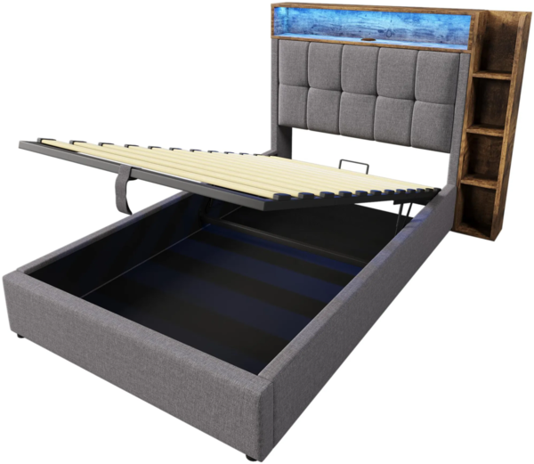 Polsterbett mit LED-Beleuchtung und Stauraum, 90x200 cm, Kopfteil gepolstert, Typ-C, USB, Einzelbett, Leinen Bild 9