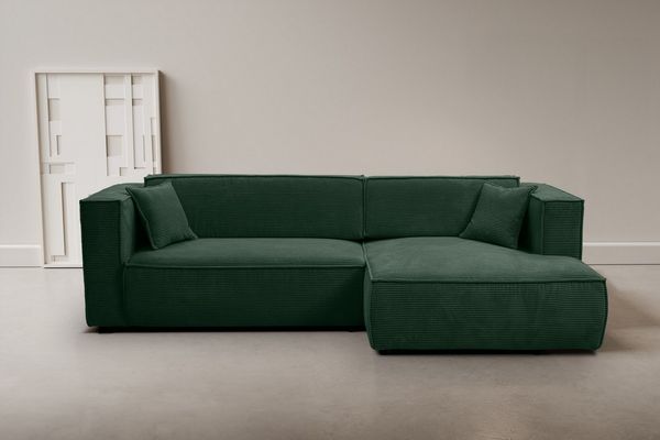WERK2 Ecksofa Atlanta, moderne Designsprache, Stellmaße 280x147 cm, L-Form, Kedernaht, hoher Komfort, Schlaffunktion & Bettkasten, Cord, Moosgrün