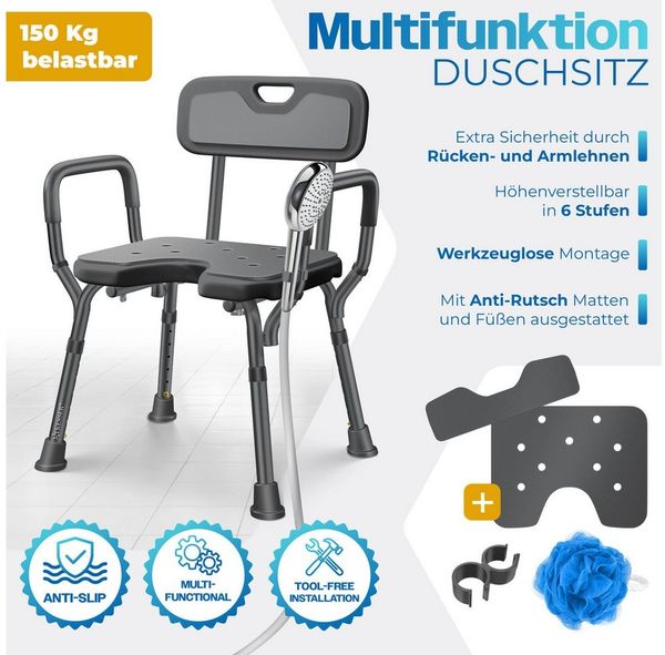KESSER® Duschhocker mit Lehne höhenverstellbar in 6 Stufen 38-54cm | Badhocker 150KG belastbar Duschstuhl Anti-Rutsch Füße & Matten | Duschhilfe Senioren & Schwangere Duschsitz mit Brausehalterung Anthrazit