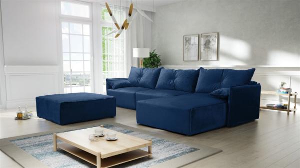 Ecksofa mit Schlaffunktion HUNTER in Royal Blau Ottomane Rechts inkl. Hocker