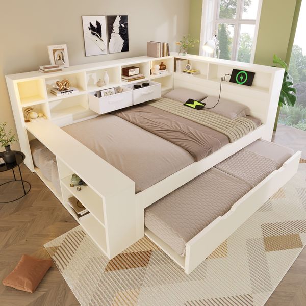 Merax Doppelbett 140x200cm in Weiß, Holzbett mit Ausziehbett, 8 Staufächern & USB-/Type-C-Ladeanschlüssen – Platzsparendes Doppel- & Jugendbett, ohne Matratze