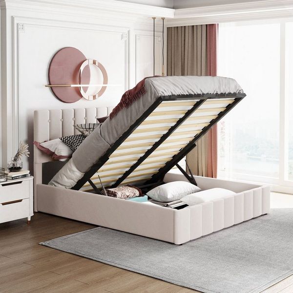 BlingBin Einzelbett Polsterbett Doppelbett (1-tlg, Polsterbett 140*200, mit Hydraulisch anhebbarer Bettstauraum), höhenverstellbares Polsterkopfteil,Metalllattenrost,Samtstoff