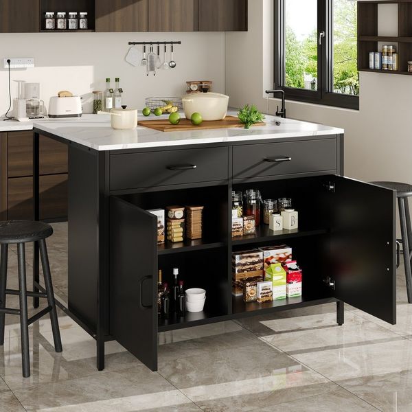 Flieks Stehtisch Bartisch/Küchenschrank mit 2 Schubladen und Türen (B100/T90/H90 cm, 1-St, Arbeitsplatte in weiße Marmoroptik, mit verstellbare Fußpolstern), Küchentisch mit Kommode Kücheninsel mit Esstisch schwarz, Eisengestell