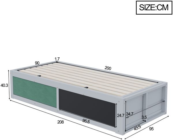 Kinderbett 90x200 cm mit hydraulischem Stauraum, Kreidetafel und Bücherfach – Holzbett in Grau Bild 4