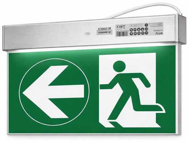 GTV Arbeitsleuchte LED Notbeleuchtung Schild – Fluchtwegleuchte Notausgangschild 230 V, 3 W, 250 lm, 6400 K, IP44, 230C Anschlus, Nickel-Cadmium, 325×250×45 mm