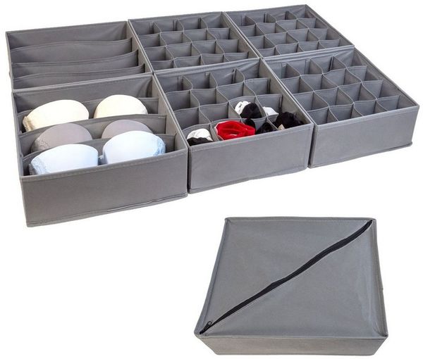 Intirilife Aufbewahrungsbox (Set, 6 St, 2x4-Fach Boxen 33 x 26 x 11, 6x16-Fach Boxen 28.5 x 26 x 11 cm), Ordnungssystem Organizer Set für Schubladen aus Vlies für Unterwäsche