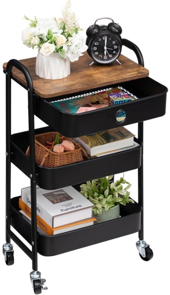 DOEWORKS Rollwagen 3-Etagen Küchenwagen Metall Schwarz