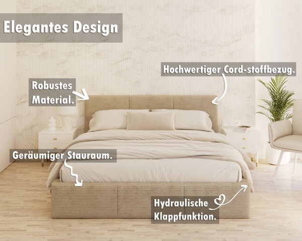 thematys Polsterbett mit Bettkasten Stauraumbett, aus hochwertigem CORD Stoff Bezug (verfügbar 90x200 120x200 140x200 160x200 180x200cm, Bettrahmen, Bett, mit großen gepolsterten Kopfteil, mit Bettkasten zum aufklappen), Metallrahmen mit Lattenrost, hy... Bild 2