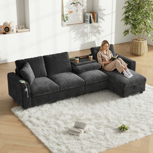 i@home Ecksofa L-förmiges Sofa, 3-Sitzer Sofa, ausklappbarer Couchtisch mit zwei Getränkehaltern, 1 USB und 1 Typ-C