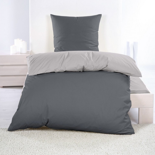 Casa Colori Bettwäsche Renforce Ganzjahres Wende Bettgarnitur 135x200 cm, Renforce, 4 teilig, Grau Anthrazit Bild 2
