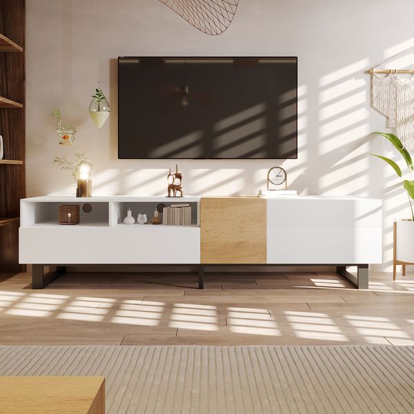 TV-Lowboard aus MDF mit 2 Türen & 2 Schubladen, 180x38x50 cm, Weiß/Holzfarben