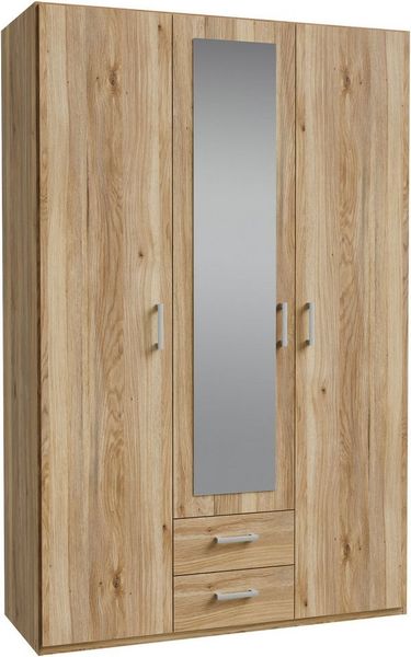 Forte ECONOBOX 2 Kleiderschrank 130 135, 3-türiger Drehtürenschrank mit Spiegel und 2 Schubladen, Holzwerkstoff, Mauvella Eiche Dekor, 133,2 cm breit, 210,5 cm hoch, 54,2 cm tief