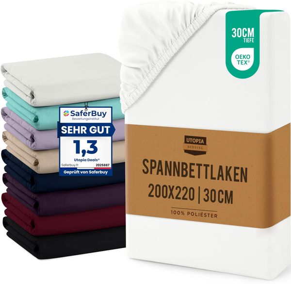 Utopia Bedding - Spannbettlaken 200x220 cm Bis 30 cm - Weiß - Oeko-Tex Zertifiziertes - Gebürstete Mikrofaser Spannbetttuch
